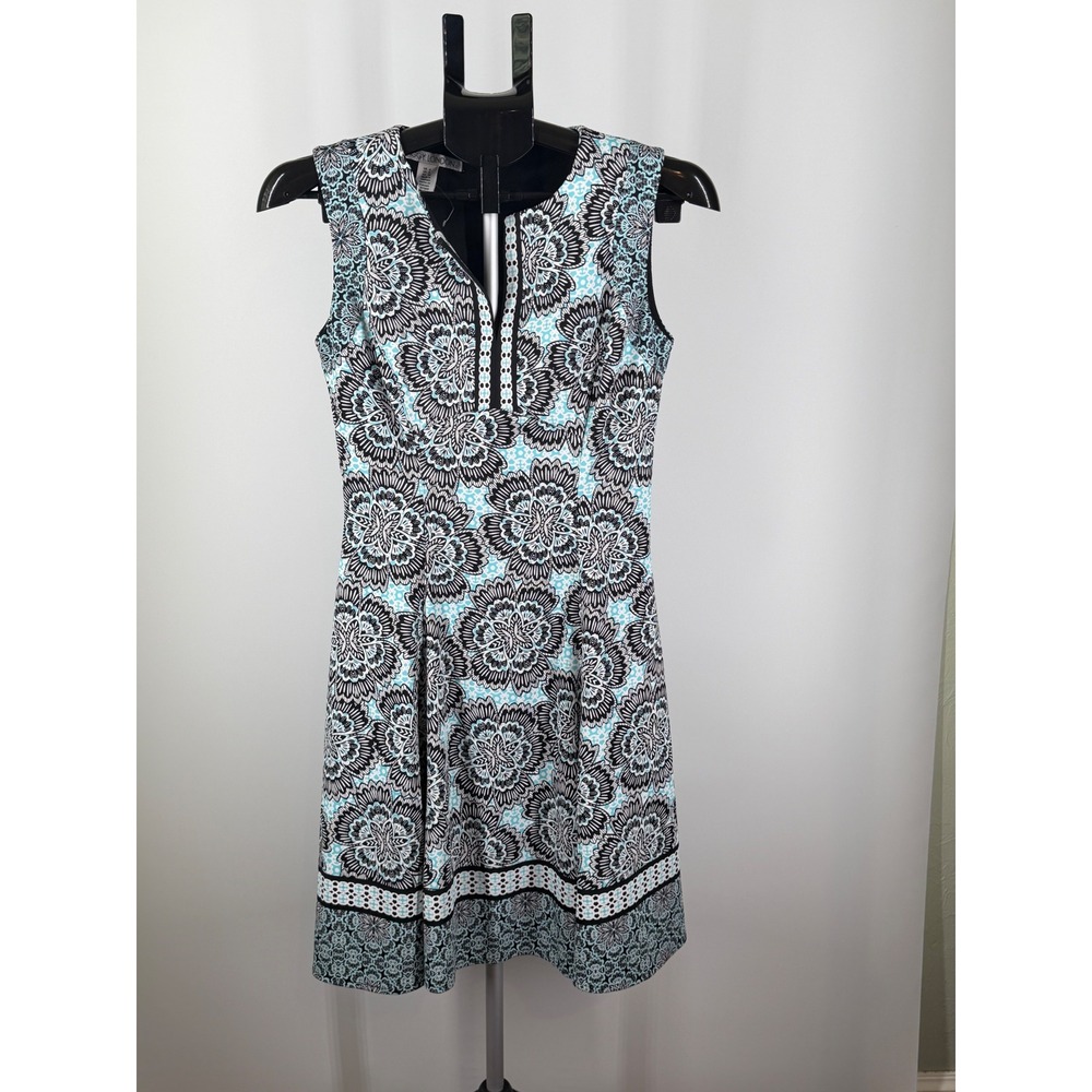 Maggy London Teal Black Floral Medallion Sleeveless Fit Flare Dress Size 4